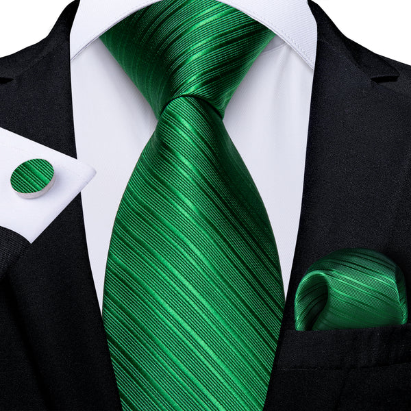 Emerald Green Striped Silk Men's Necktie Hanky Cufflinks Set