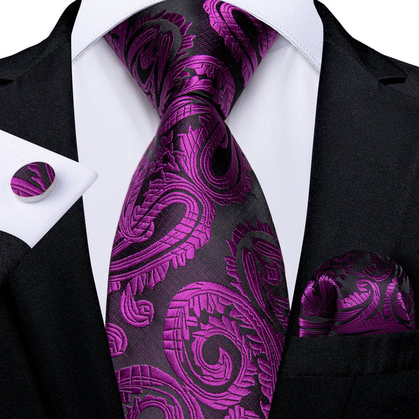 Purple Paisley Silk Fabric Tie Hanky Cufflinks Set