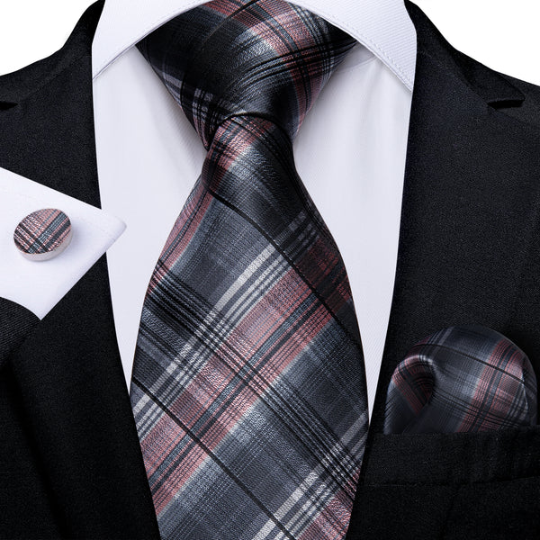 Black Pink Plaid Silk Fabric Tie Hanky Cufflinks Set