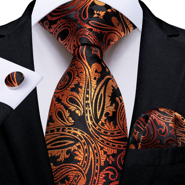 Black Bronze Paisley Silk Men's Necktie Pocket Square Cufflinks Set