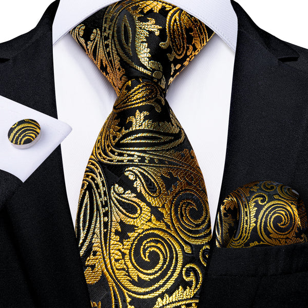 Black Golden Gradient Paisley Silk Fabric Tie Hanky Cufflinks Set