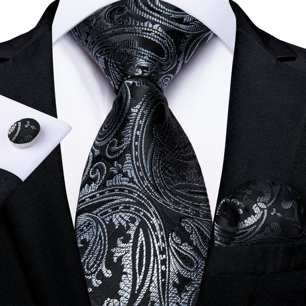 Black Silver Gradient Paisley Silk Fabric Tie Hanky Cufflinks Set
