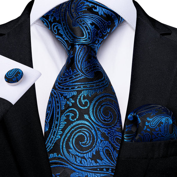 Black Blue Gradient Paisley Silk Fabric Tie Hanky Cufflinks Set