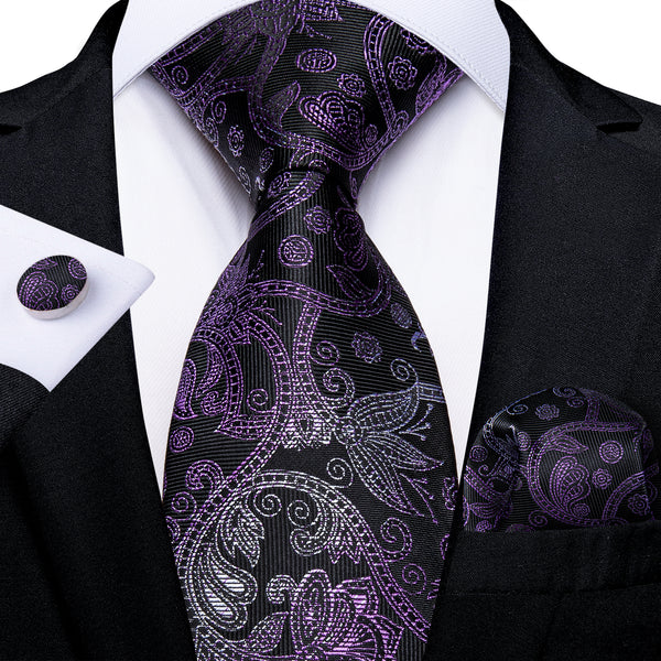 Black Purple Gradient Paisley Silk Fabric Tie Hanky Cufflinks Set