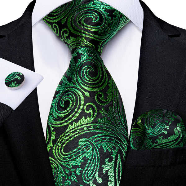 Black Green Gradient Paisley Silk Fabric Tie Hanky Cufflinks Set