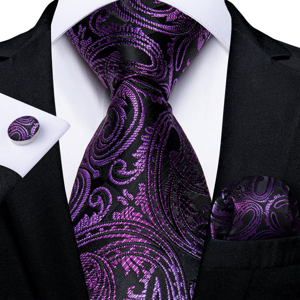Black Purple Gradient Paisley Silk Fabric Tie Hanky Cufflinks Set