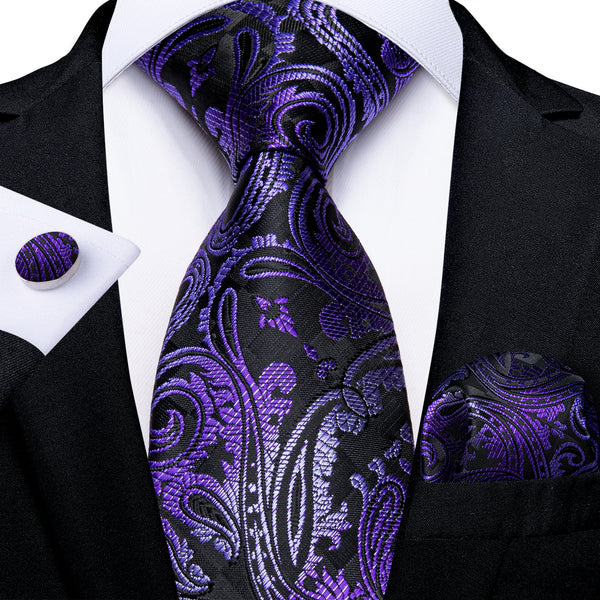 New Black Purple White Gradient Paisley Silk Fabric Tie Hanky Cufflinks Set