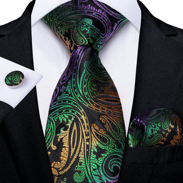 New Black Purple Green Gradient Paisley Silk Fabric Tie Hanky Cufflinks Set