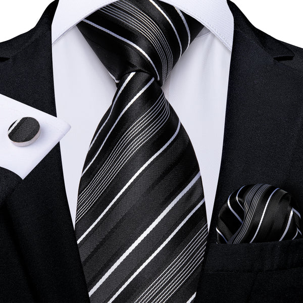 Black White Striped Silk Fabric Tie Hanky Cufflinks Set