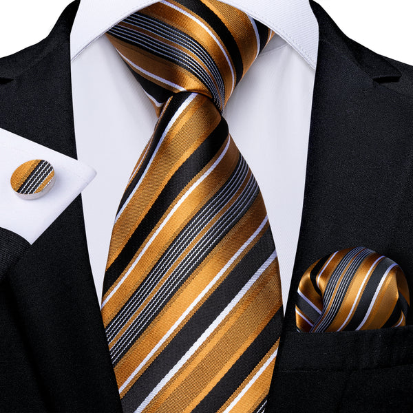 Golden Black Striped Silk Fabric Tie Hanky Cufflinks Set