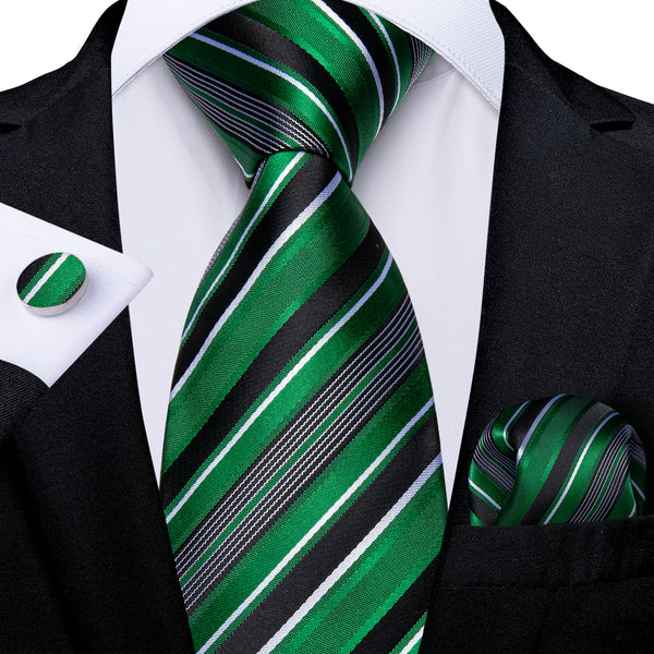 Green Black Striped Silk Fabric Tie Hanky Cufflinks Set