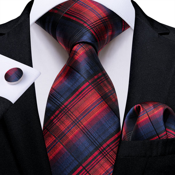 Blue Red Plaid Silk Men's Necktie Pocket Square Cufflinks Set