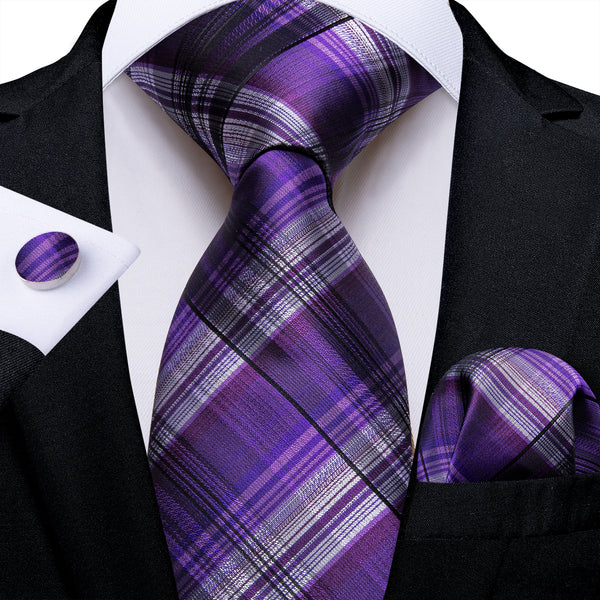 Black Purple Plaid Silk Men's Necktie Pocket Square Cufflinks Set