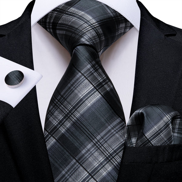 Black Grey Plaid Silk Men's Necktie Pocket Square Cufflinks Set
