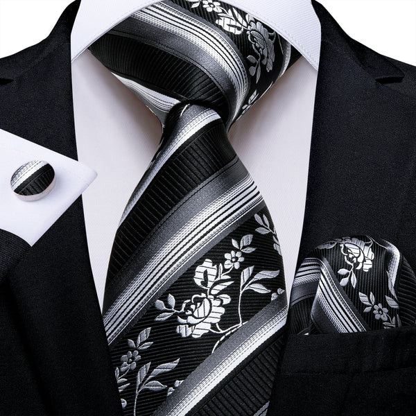 Black Grey Striped Floral Silk Men's Necktie Pocket Square Cufflinks Set