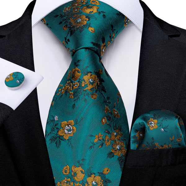 Retro Lake Green Floral Necktie Pocket Square Cufflinks Set