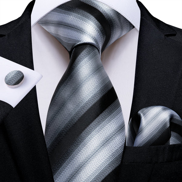 Silver Grey Striped Silk Men's Necktie Pocket Square Cufflinks Set