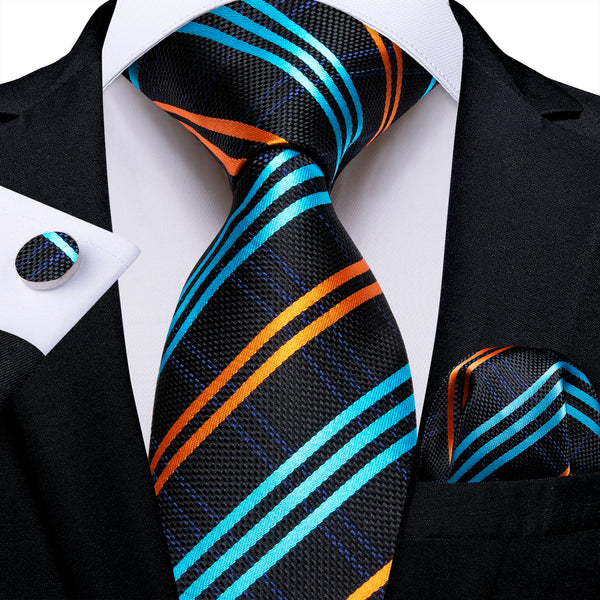 Black Lake Blue Orange Striped Silk Men's Necktie Pocket Square Cufflinks Set