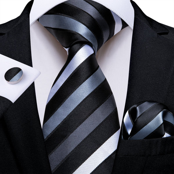 Black White Striped Silk Men's Necktie Pocket Square Cufflinks Set