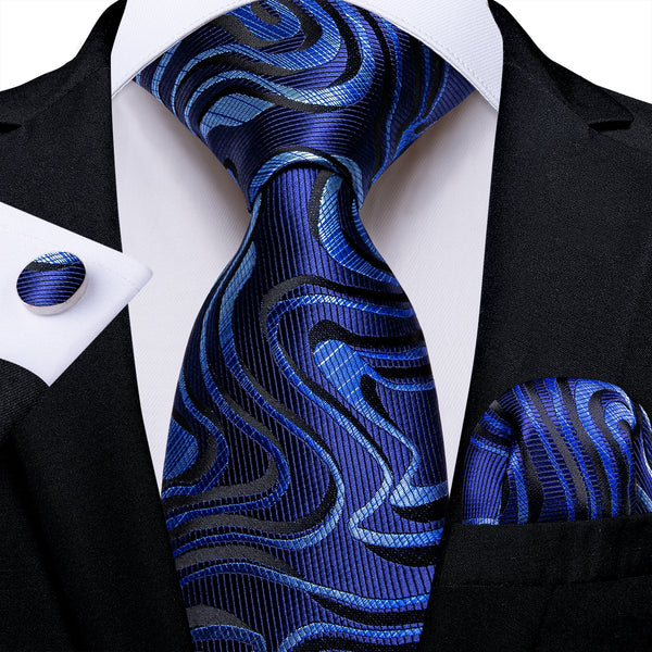 Royal Blue Wave Novelty Silk Men's Necktie Pocket Square Cufflinks Set