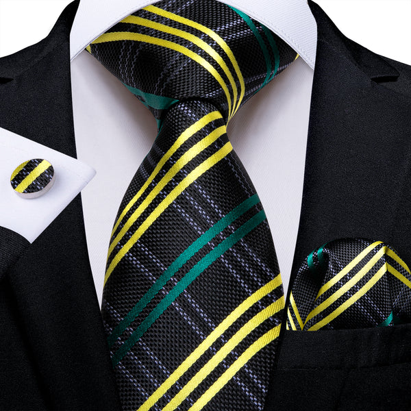 Black Yellow Plaid Silk Men's Necktie Pocket Square Cufflinks Set