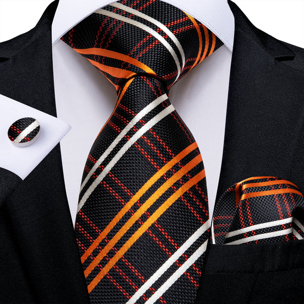 Black Orange Plaid Silk Men's Necktie Pocket Square Cufflinks Set