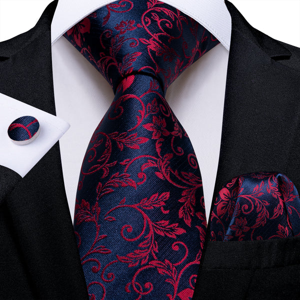 Royal Blue Red Floral Silk Men's Necktie Pocket Square Cufflinks Set