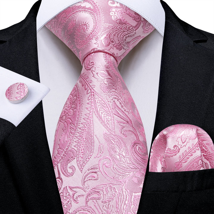 Baby Pink Paisley Silk Men's Necktie Pocket Square Cufflinks Set