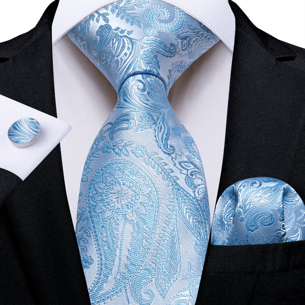 Baby Blue Paisley Silk Men's Necktie Pocket Square Cufflinks Set