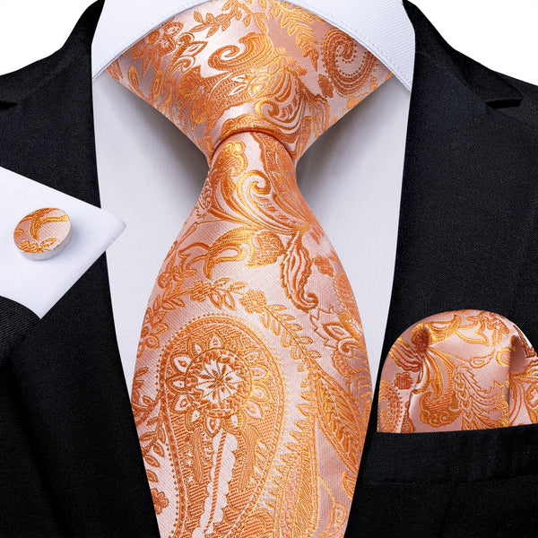 Orange Paisley Silk Men's Necktie Pocket Square Cufflinks Set