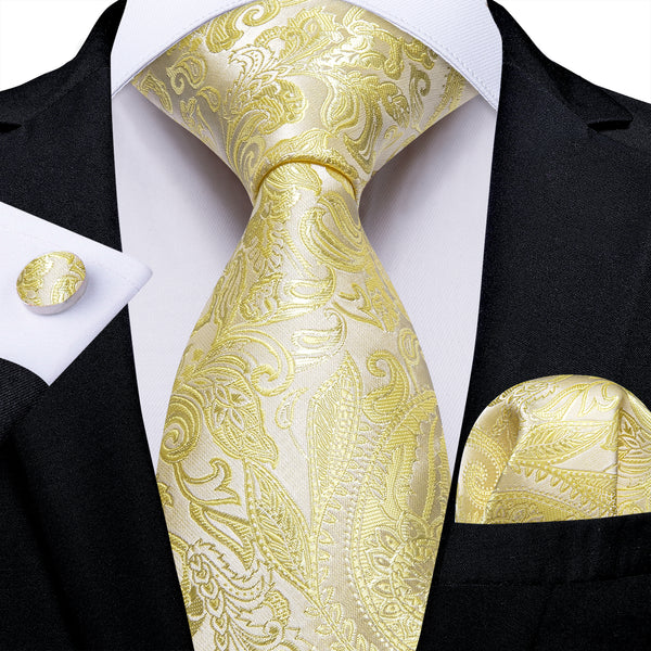 Light Yellow Paisley Silk Men's Necktie Pocket Square Cufflinks Set