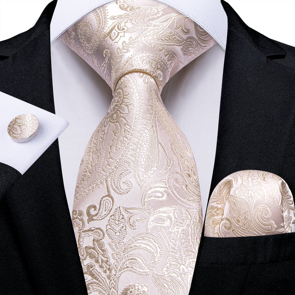 Beige White Paisley Silk Men's Necktie Pocket Square Cufflinks Set