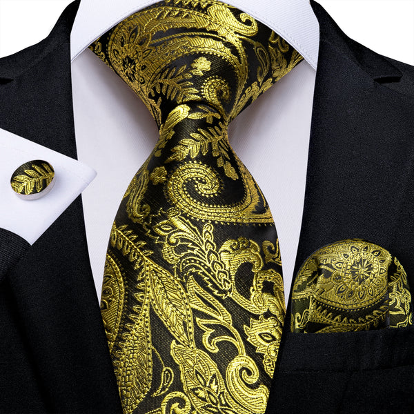 New Black Golden Yellow Paisley Silk Men's Necktie Pocket Square Cufflinks Set