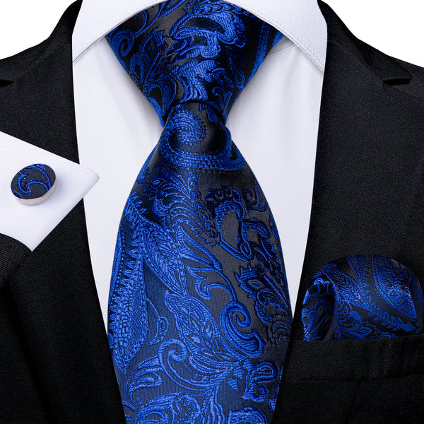 Black Blue Paisley Silk Men's Necktie Pocket Square Cufflinks Set