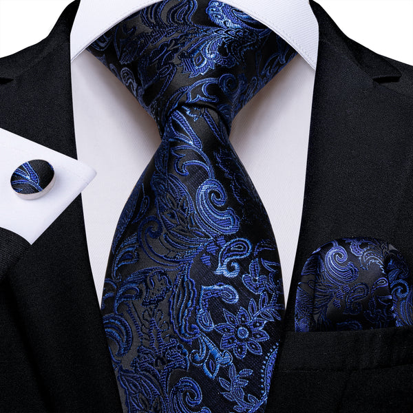 Royal Blue Paisley Silk Men's Necktie Pocket Square Cufflinks Set