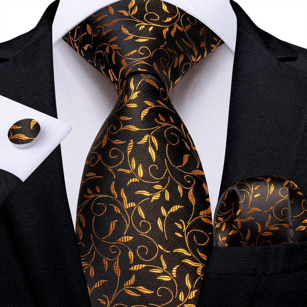 New Brown Golden Floral Silk Men's Necktie Pocket Square Cufflinks Set