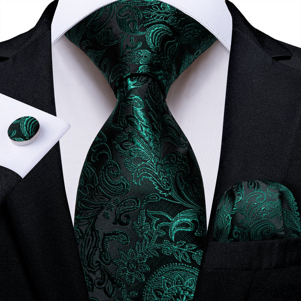 New Black Green Paisley Silk Men's Necktie Pocket Square Cufflinks Set