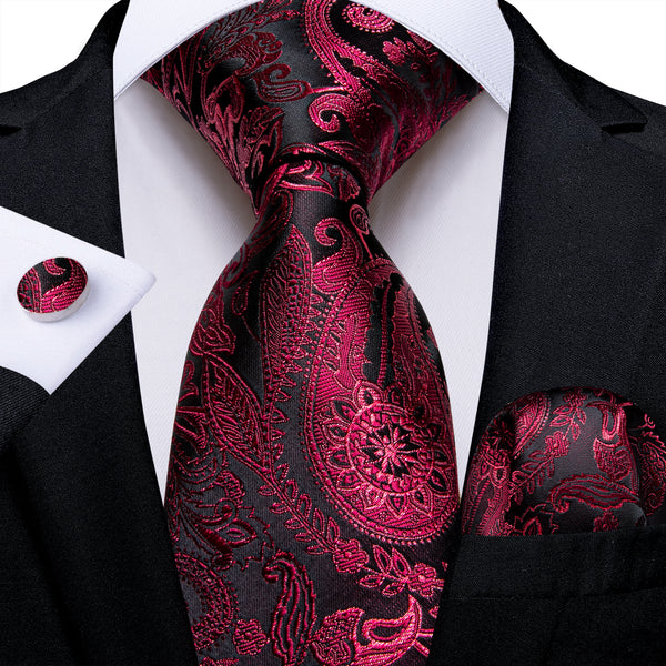 New Purple Red Paisley Silk Men's Necktie Pocket Square Cufflinks Set