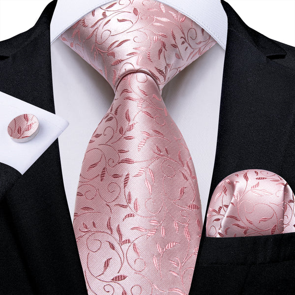 Baby Pink Floral Silk Men's Necktie Pocket Square Cufflinks Set