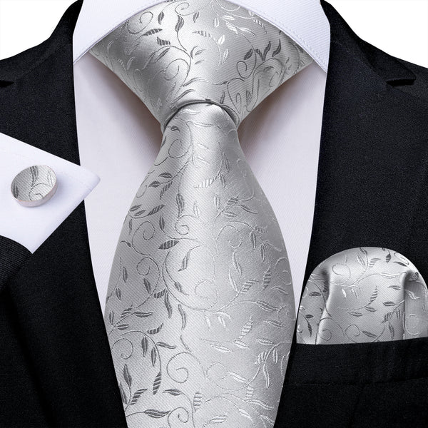 Grey Floral Silk Men's Necktie Pocket Square Cufflinks Set