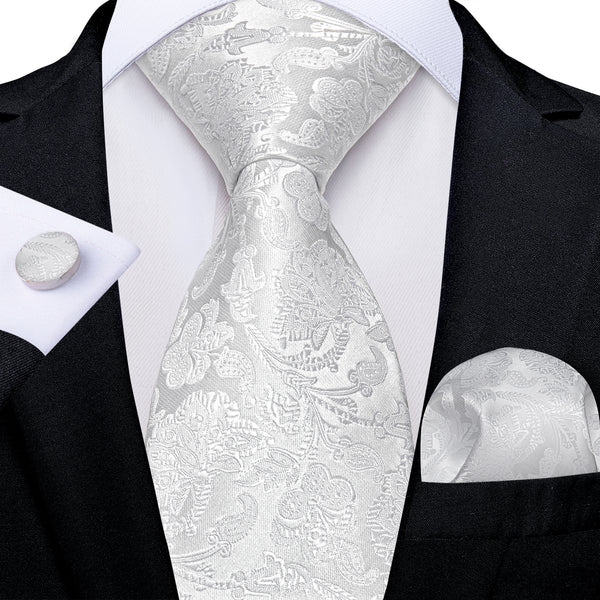 White Floral Silk Men's Necktie Pocket Square Cufflinks Set