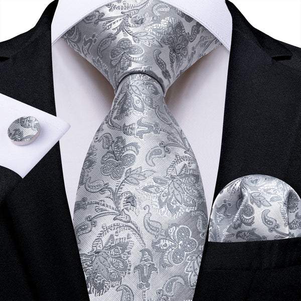Silver Grey Floral Silk Men's Necktie Pocket Square Cufflinks Set
