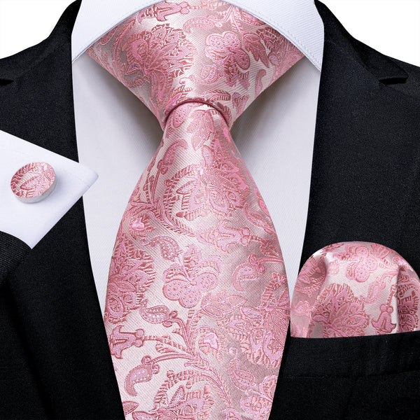 Silver Pink Floral Silk Men's Necktie Pocket Square Cufflinks Set