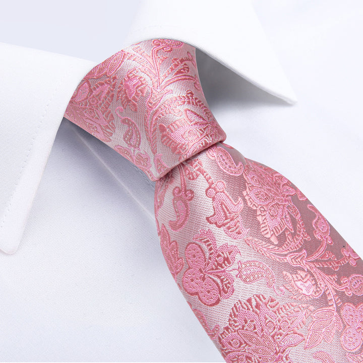 fashion pink floral silk tie hanky cufflinks set for mene wedding or business