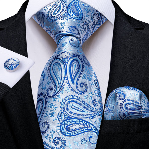 Silver Blue Paisley Silk Men's Necktie Pocket Square Cufflinks Set