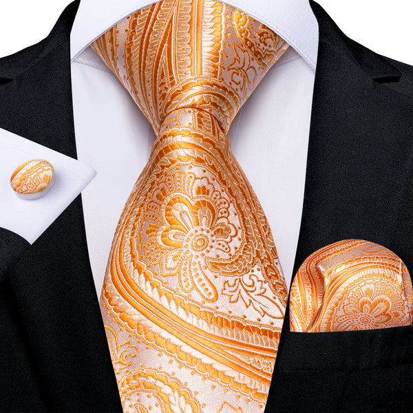 Orange Paisley Silk Men's Necktie Pocket Square Cufflinks Set