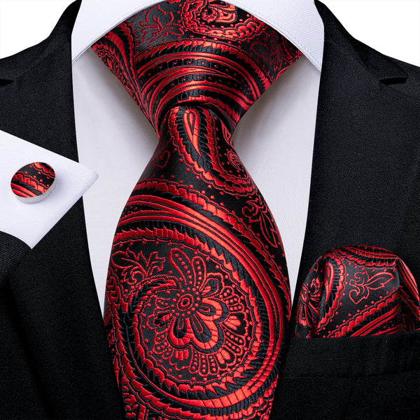 Red Paisley Silk Men's Necktie Pocket Square Cufflinks Set