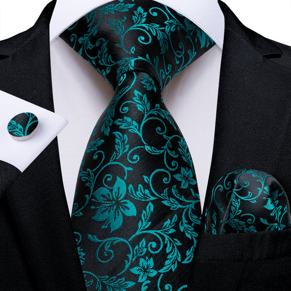 Black Lake Blue Floral Silk Men's Necktie Pocket Square Cufflinks Set