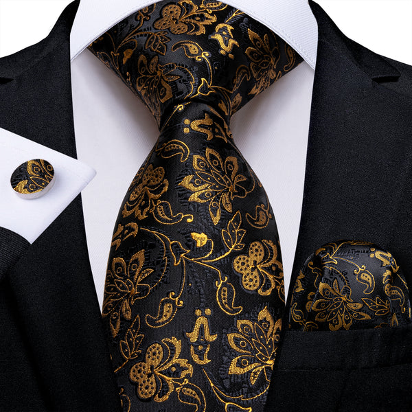 New Black Golden Floral Silk Men's Necktie Pocket Square Cufflinks Set