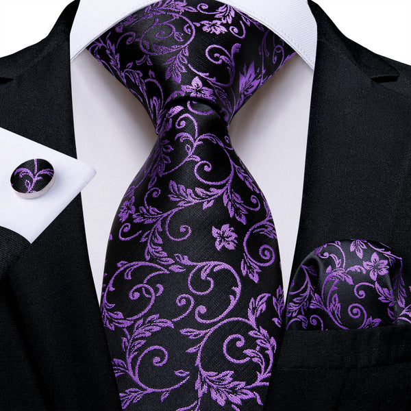 Black Purple Floral Silk Men's Necktie Pocket Square Cufflinks Set